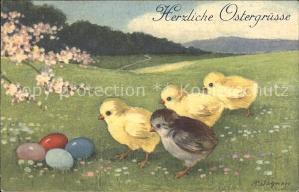 Ostern Easter Paques Küken Ostereier Wiese Blumen A. Wagner