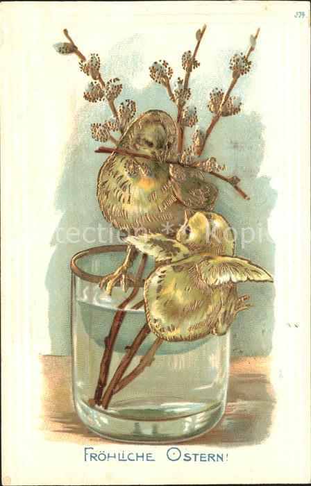 Ostern Easter Paques Küken Glas Weidenkätzchen Litho
