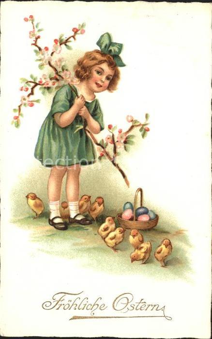 Ostern Easter Paques Kind Küken Ostereier Blüten Litho