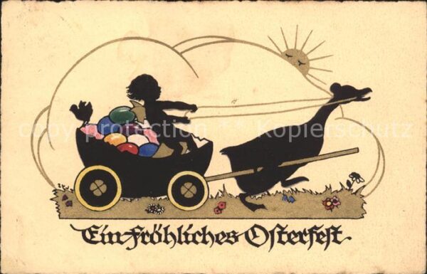 Scherenschnitt Schattenbildkarte Gans vermenschlicht Elfe Karre Ostereie