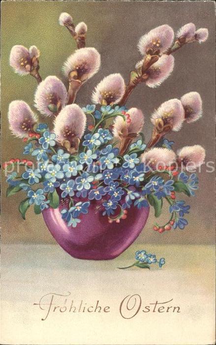 Ostern Easter Paques Weidenkätzchen Vergissmeinnicht Litho