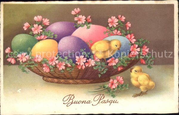 Ostern Easter Paques Küken Ostereier Mehlprimeln Litho