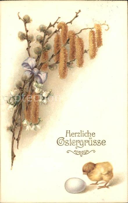 Ostern Easter Paques Küken Ei Weidenkätzchen Maiglöckchen Li