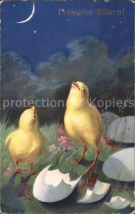 Ostern Easter Paques Küken Mond Künstlerkarte Mary Galay