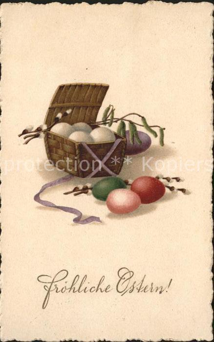 Ostern Easter Paques Ostereier Korb Weidenkätzchen Litho