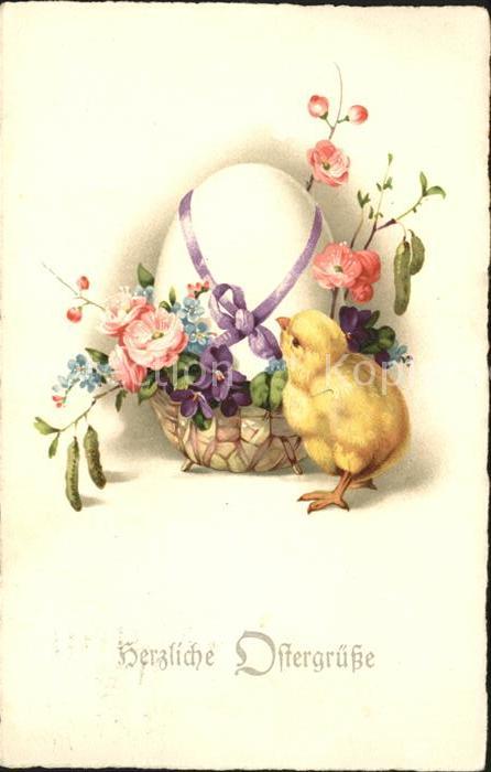 Ostern Easter Paques Küken Ei Veilchen Primeln Litho
