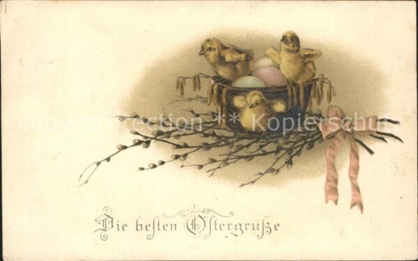 Ostern Easter Paques Küken Ostereier Weidenkätzchen Schleife