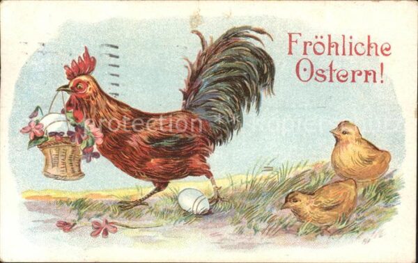 Ostern Easter Paques Hahn Küken Eier Korn Blumen Litho