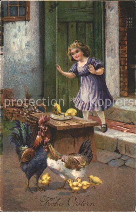 Ostern Easter Paques Kind Hahn Huhn Küken Weidenkätzchen Lit