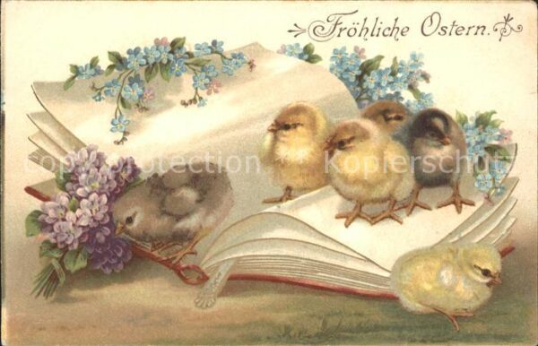 Ostern Easter Paques Küken Vergissmeinnicht Veilchen Buch