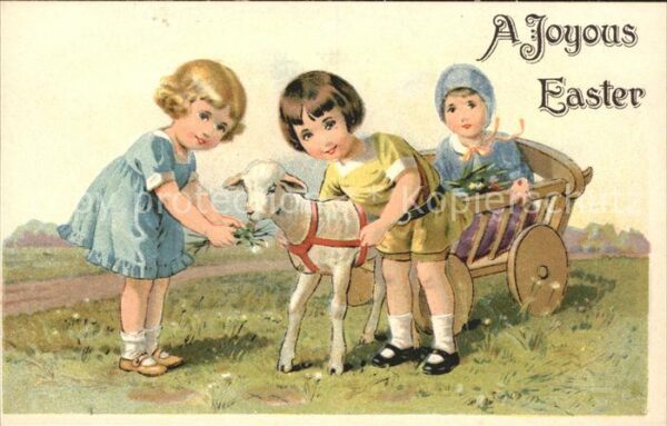 Ostern Easter Paques Kinder Lamm Wagen Litho