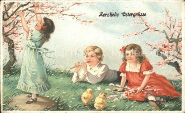 Kinder Child Enfants Ostern Küken Wiese Blumen Litho