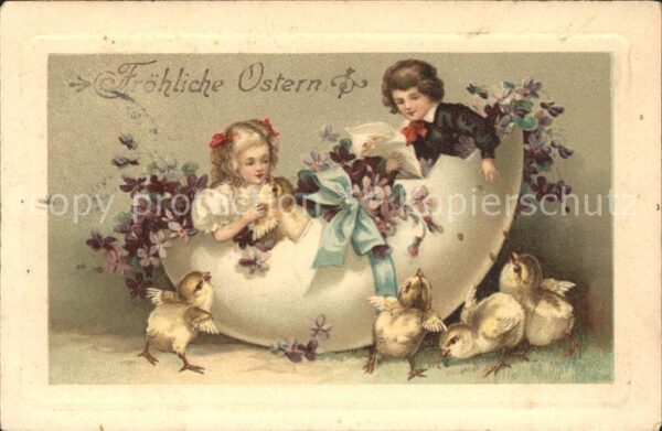 Ostern Easter Paques Kinder Küken Ei Veilchen Litho