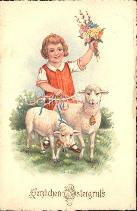 Ostern Easter Paques Schafe Kind Blumen Weidenkätzchen Litho