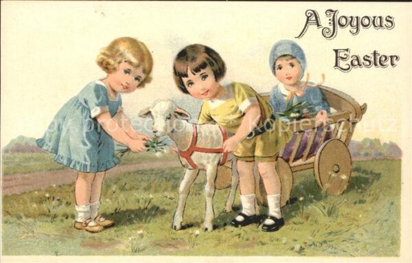 Ostern Easter Paques Kinder Lamm Holzwagen Litho
