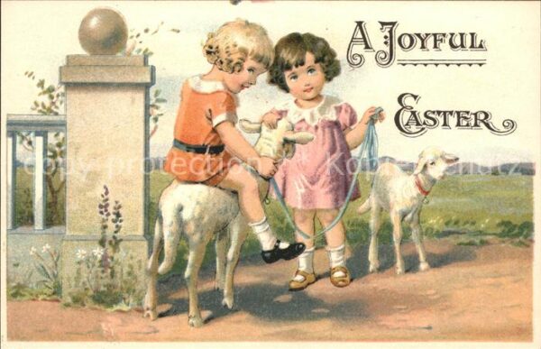 Ostern Easter Paques Kinder Lamm Litho