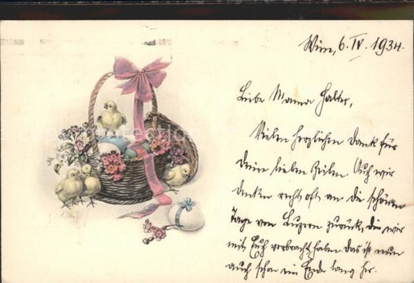 Ostern Easter Paques Küken Eier Korb Schleife Blumen
