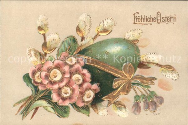 Ostern Easter Paques Blumen Weidenkätzchen Ei Litho