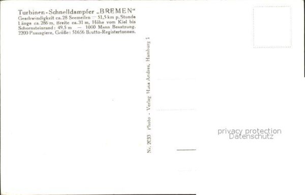 Dampfer Oceanliner Turbinen-Schnelldampfer Bremen – Bild 2