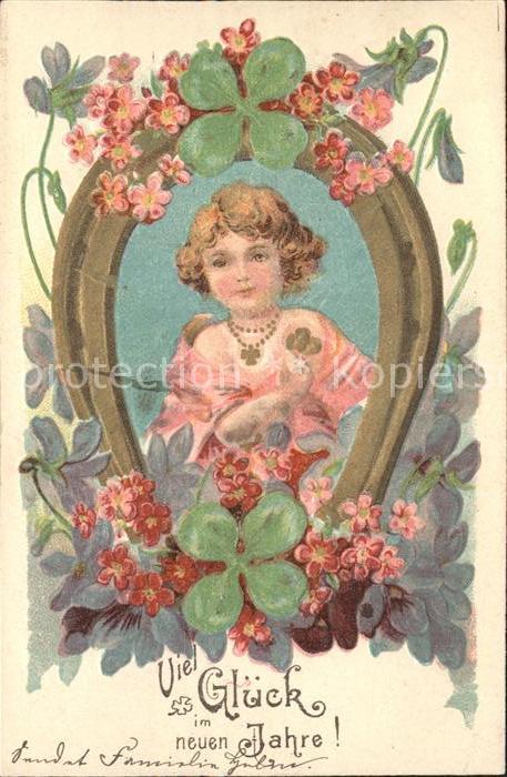 Hufeisen Kind Kleeblätter Blumen Neujahr Litho