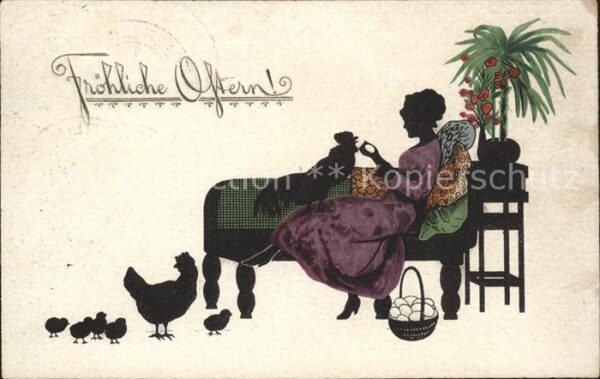Scherenschnitt Schattenbildkarte Hahn Huhn Küken Eier Ostern