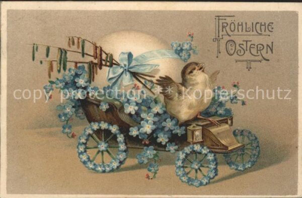 Ostern Easter Paques Küken Oldtimer Vergissmeinnicht Litho