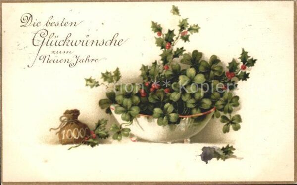 Neujahr Stechpalmen Kleeblätter Geldsack Litho