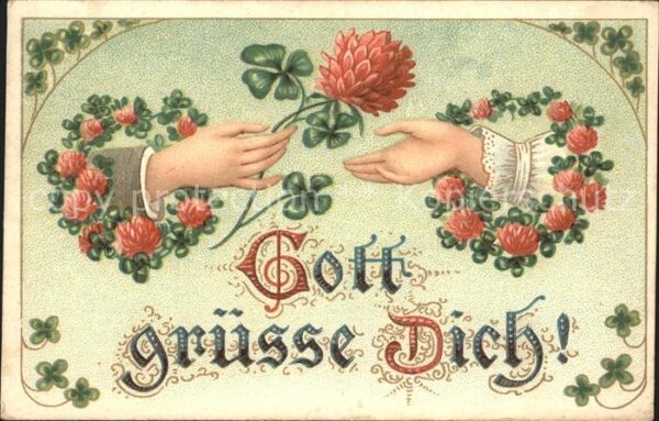 Kleeblatt Cloverleaf Trebol Trefle Blumen Hände Litho