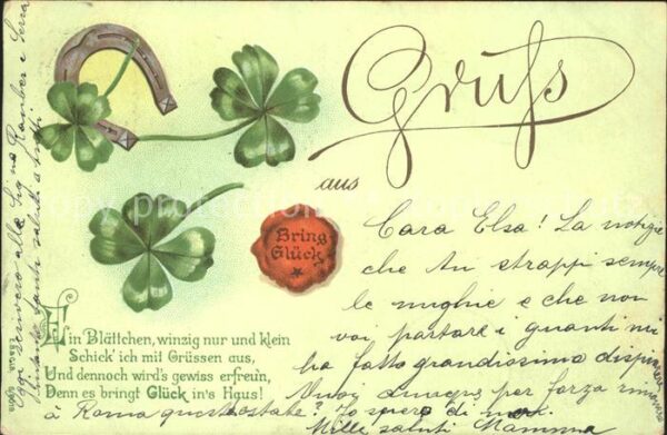 Hufeisen Kleeblätter Glück Gedicht Siegel Litho