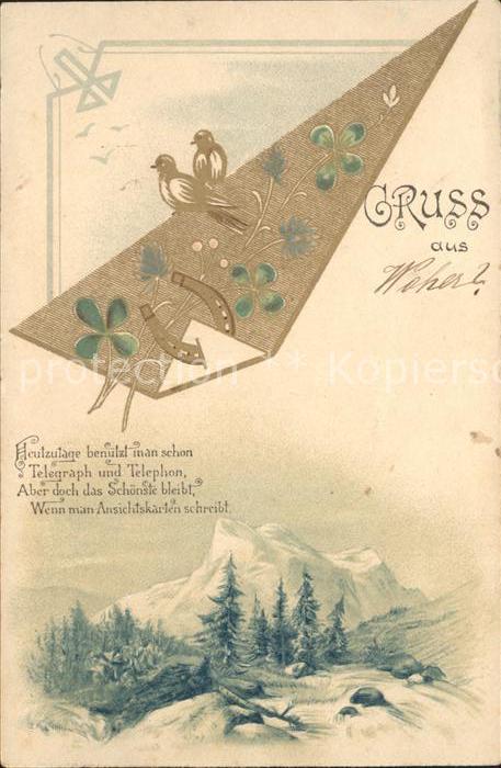 Voegel Hufeisen Kleeblätter Gedicht Litho