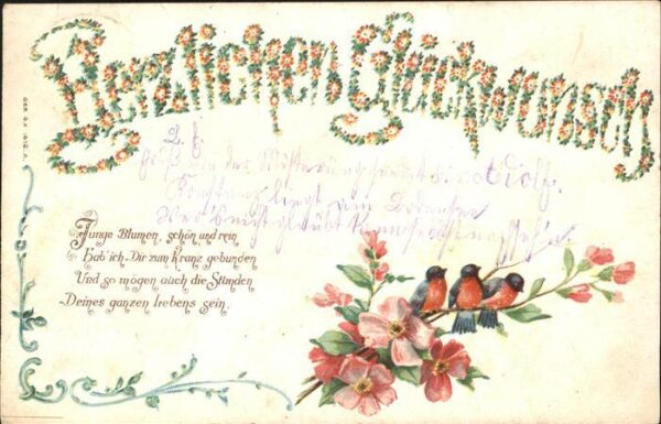 Voegel Rosen Glückwunsch Gedicht Litho