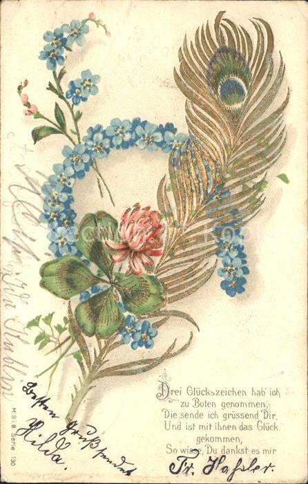 Kleeblatt Cloverleaf Trebol Trefle Pfauenfeder Vergissmeinnicht Gedicht Li