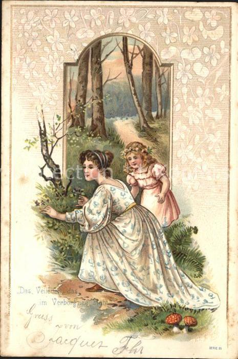 Blumen Veilchen Mutter Kind Wald Pilze Litho