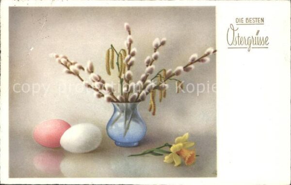 Ostern Easter Paques Narzisse Weidenkätzchen Ostereier Vase