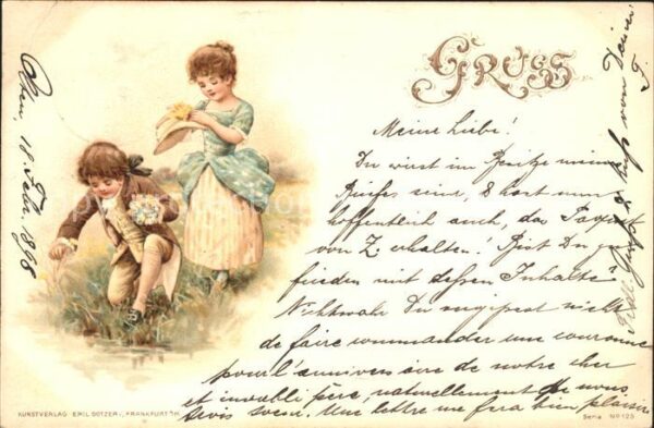 Kinder Child Enfants Hutmode Barock Blumen Litho