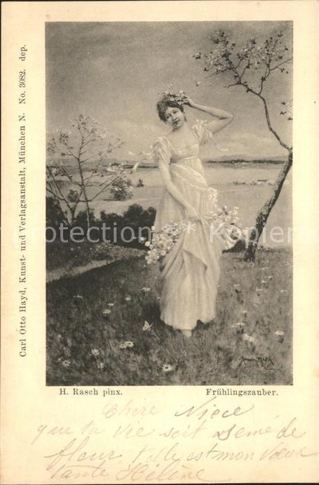 Kuenstlerkarte H. Rasch Frühlingszauber Frau Blumen