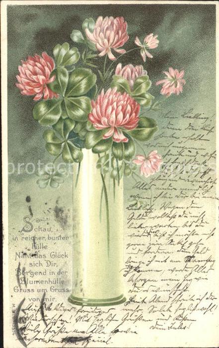 Kleeblatt Cloverleaf Trebol Trefle Vase Gedicht Litho