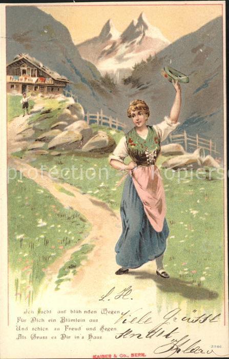 Gruss aus den Bergen Frau Tracht Gedicht Litho