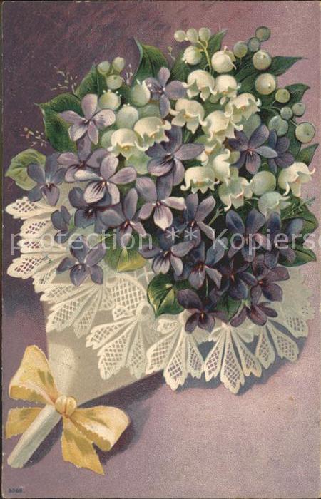 Maigloeckchen Veilchen Blumenstrauss Litho
