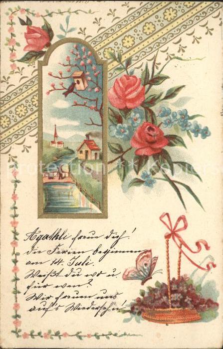 Schmetterlinge Rosen Vergissmeinnicht Litho