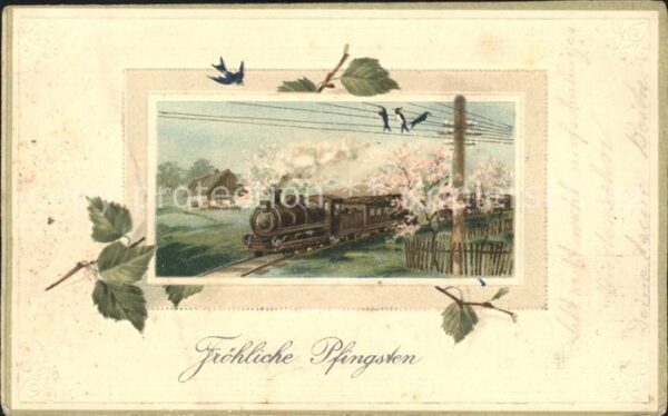 Pfingsten Pentecost Pentecote Lokomotive Schwalben Litho