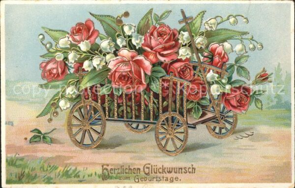 Rosen Maiglöckchen Wagen Geburtstag Litho