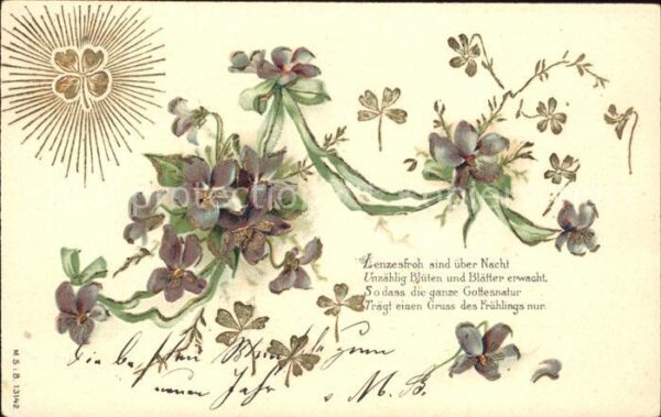 Blumen Veilchen Kleeblatt Gedicht Litho