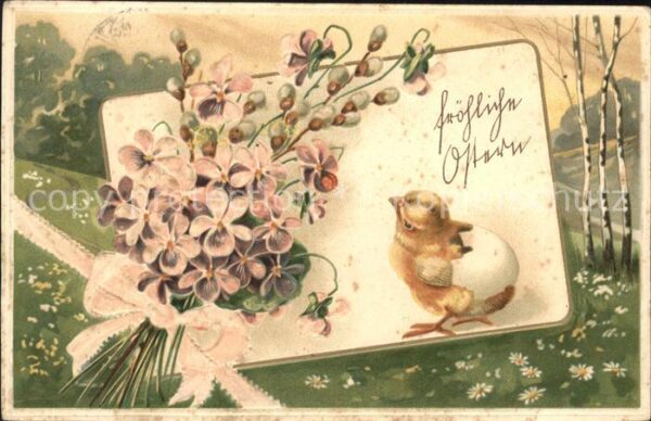 Ostern Easter Paques Veilchen Weidenkätzchen Küken Ei Litho