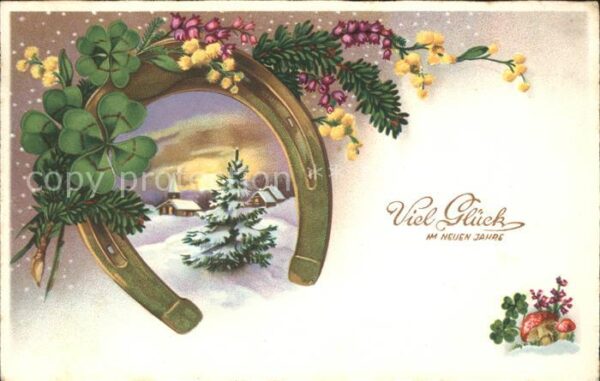 Hufeisen Neujahr Glück Kleeblatt Pilze Litho