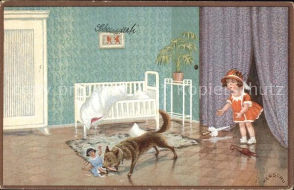 Verlag Wenau Delila Nr. 2235 Herschu Kind Hund Puppe Kinderbett