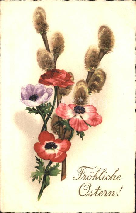 Ostern Easter Paques Anemonen Weidenkätzchen Litho