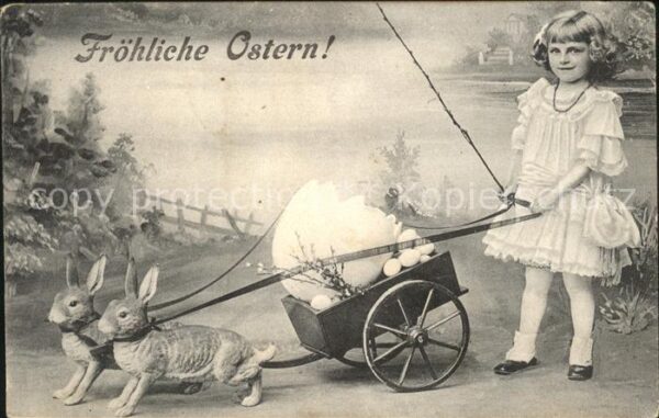 Ostern Easter Paques Hasen Wagen Kind Eier Weidenkätzchen