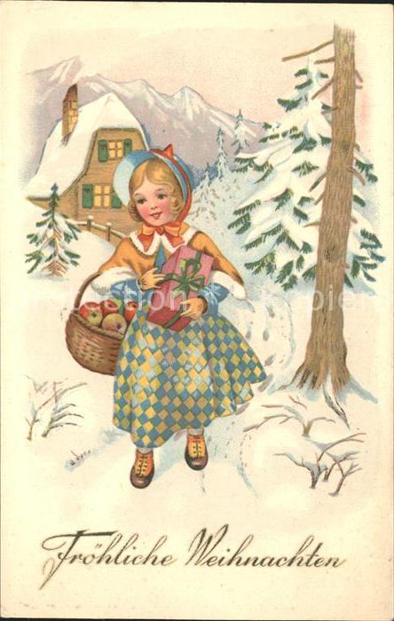 Weihnachten Kind Geschenk Äpfel Litho