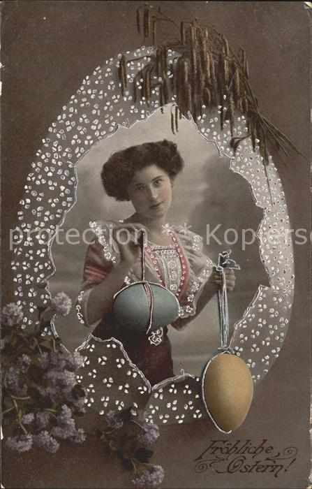 Ostern Easter Paques Frau Ostereier Weidenkätzchen Blumen